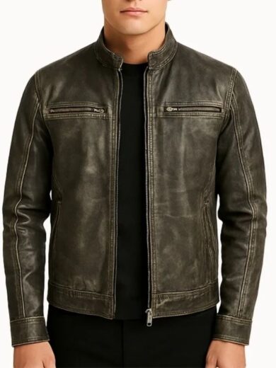 Ionic Distressed Brown Leather Biker Jacket