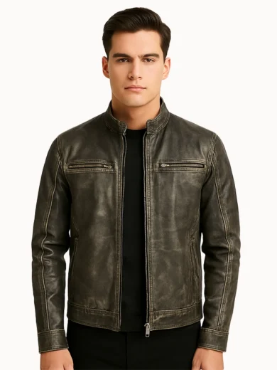 Ionic Distressed Brown Leather Biker Jacket