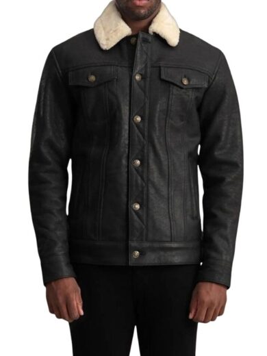 Men Black Button Shearling Leather Jacket