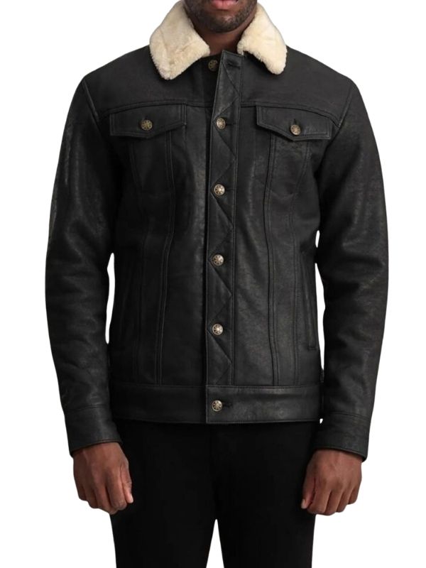 Men Black Button Shearling Leather Jacket