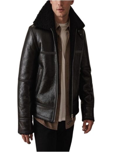 Men Black Shearling Bomber Leather Jacket