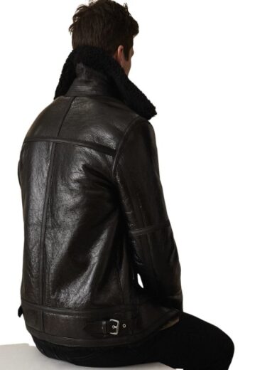Men Black fur Shearling Bomber Leather Jacket