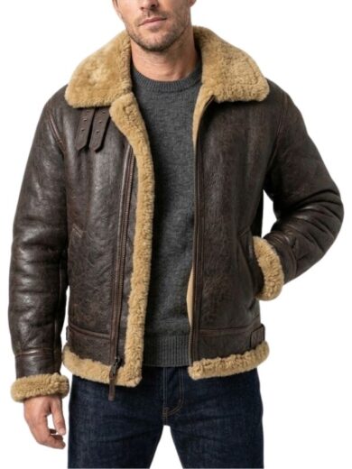 Men Brown B3 Bomber Shearling Leather Jacket