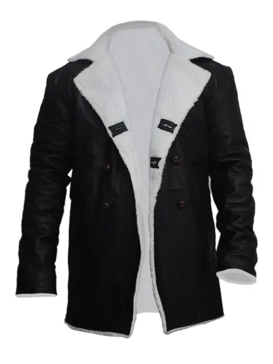 Mens Black Leather Long Shearling Coat with Fur Collar