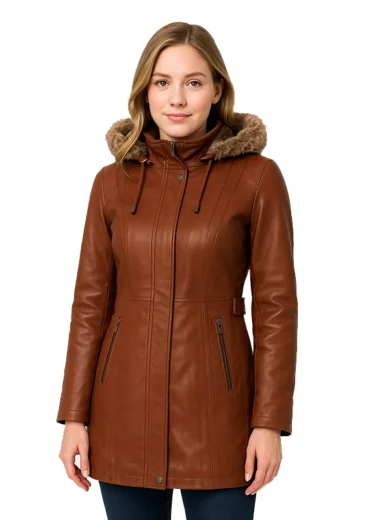 Women-Brown-Leather-Coat-With-Fur-Trim-Removable-Hood