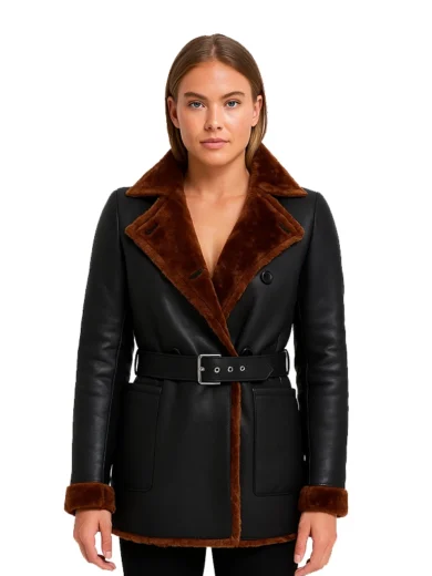 Womens-Black-Leather-Belted-Shearling-Coat-–-Double-Breasted-Style