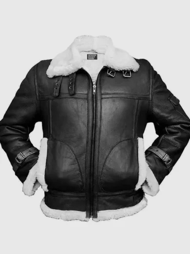 Men’s B-3 Black Sheepskin Leather Bomber Jacket