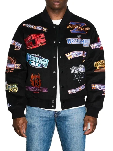WWE WrestleMania 1-21 Black Varsity Jacket front