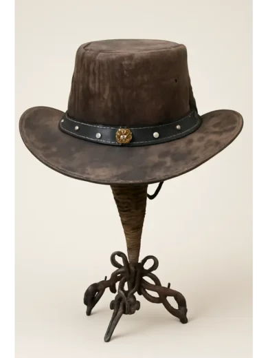 Vintage Brown Leather Cowboy Hat with Lion Head Accent