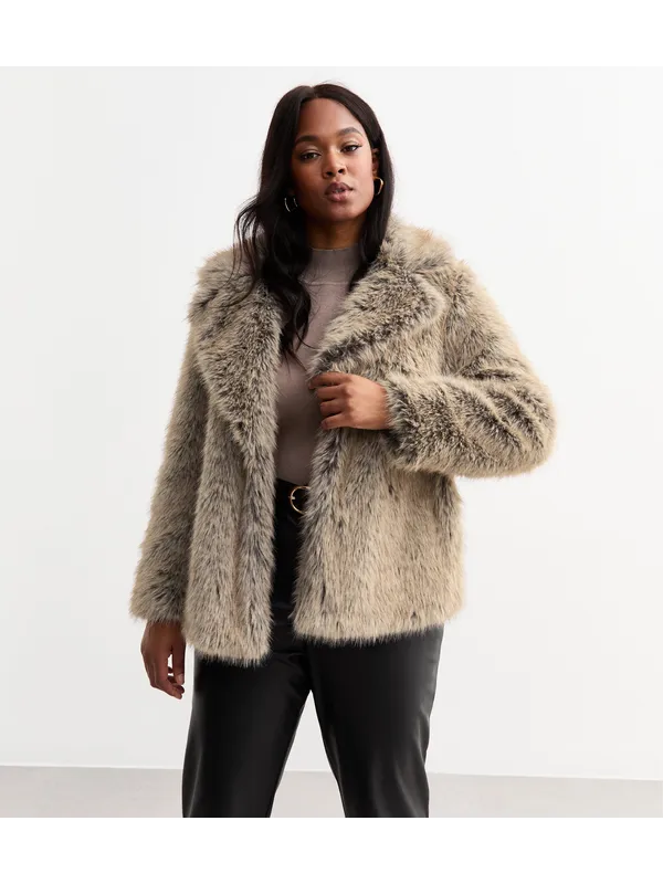 Curves Grey Cropped Faux Fur Jacket