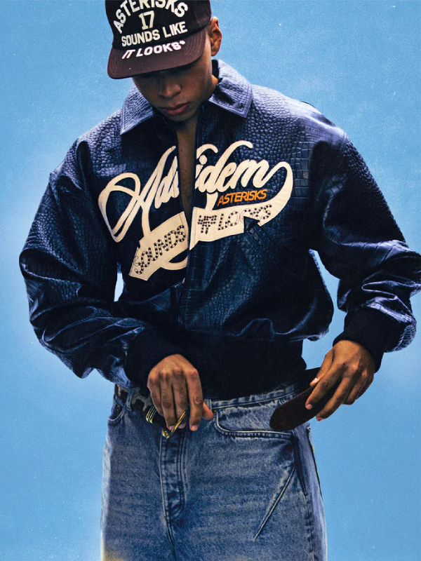 Adidem Asterisks Crocodile Cursive Leather Bomber Jacket