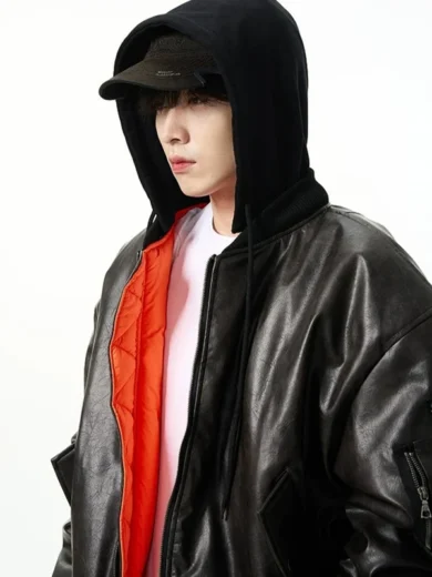 Mens Hooded Oversized Leather Jacket
