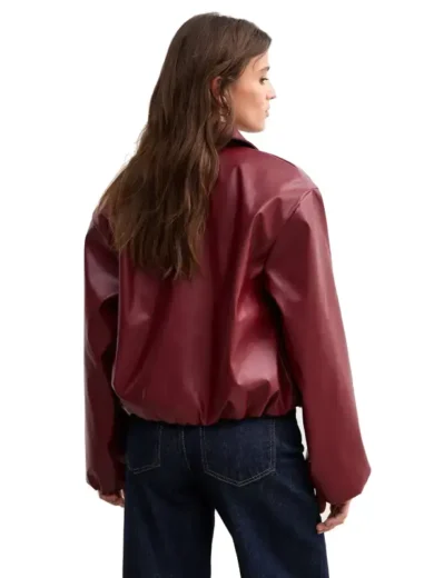 Burgundy Leather Bubble Hem Bomber Jacket
