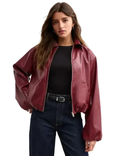 Burgundy Leather Bubble Hem Bomber Jacket