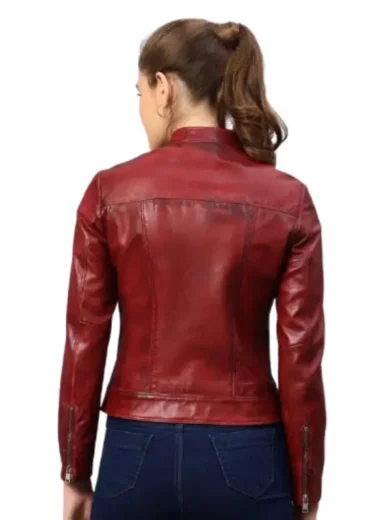 Burgundy Leather Women Cafe Racer Jacket