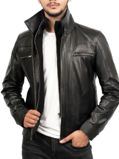 Classic Black Leather Biker Style Jacket