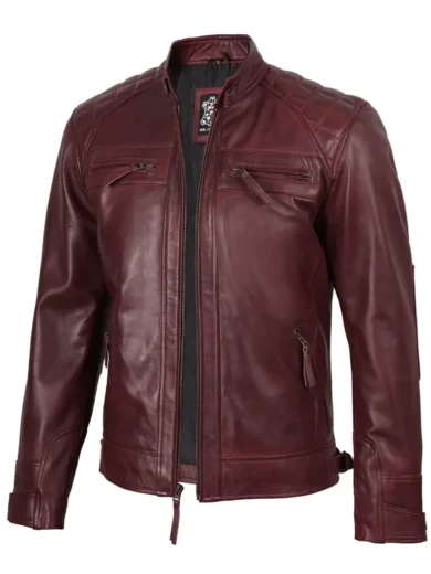 Vintage Effect Burgundy Leather Jacket