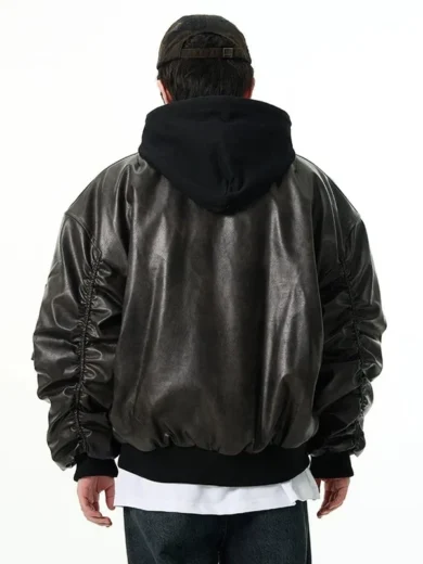 Oversized Leather Bomber Jacket with Hood