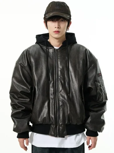 Oversized Leather Bomber Jacket with Hood