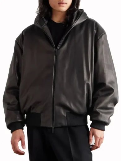 Oversized Padded Leather Hooded Bomber Jacket