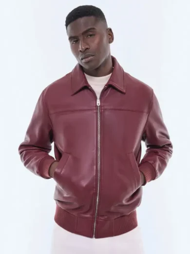 Shirt Collar Burgundy Leather Jacket