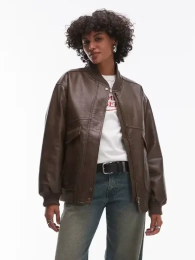 Womens Leather Oversized Bomber Jacket