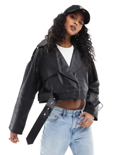 Womens Overszied Cropped Leather Jacket