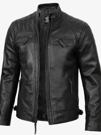 Men's Black Biker Style Leather Jacket - Quilted Shoulder