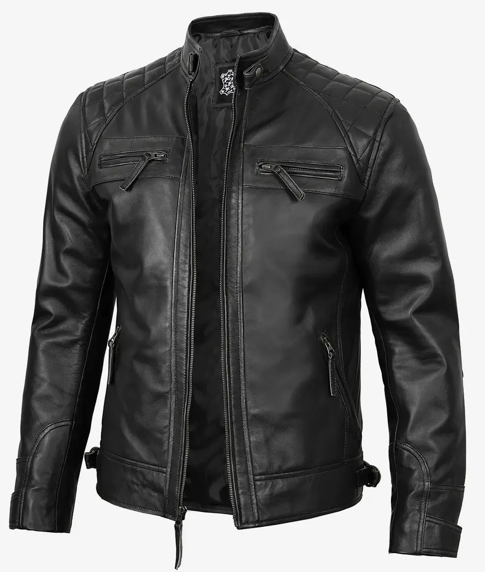 Men's Black Biker Style Leather Jacket - Quilted Shoulder