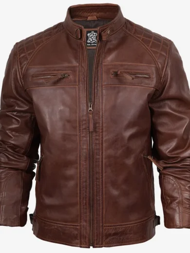 Men's Cognac Biker Style Leather Jacket - Quilted Shoulder