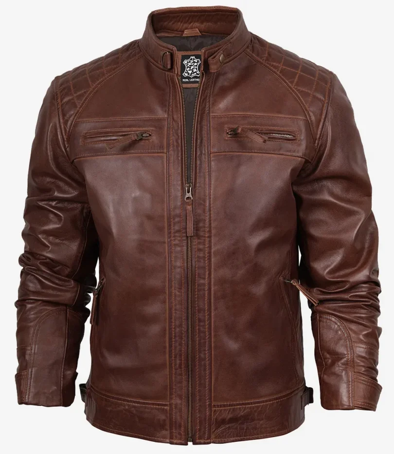 Men's Cognac Biker Style Leather Jacket - Quilted Shoulder