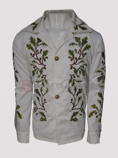 Saltburn Oliver Quick Green Leaf Embroidery White Jacket