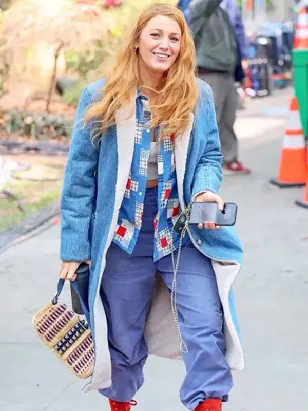 Blake Lively It Ends With Us Denim Shearling Coat