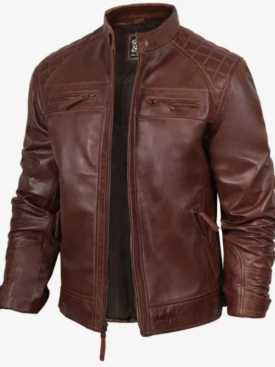 Men's Cognac Biker Style Leather Jacket - Quilted Shoulder