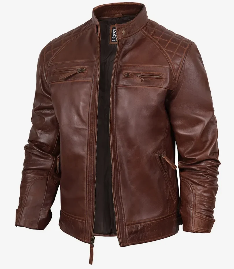 Men's Cognac Biker Style Leather Jacket - Quilted Shoulder