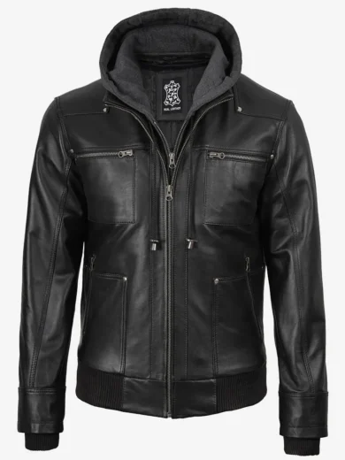 Men's Black Leather Bomber Jacket with Removable Hood