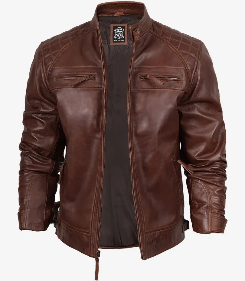 Men's Cognac Biker Style Leather Jacket - Quilted Shoulder