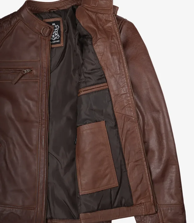 Men's Cognac Biker Style Leather Jacket - Quilted Shoulder