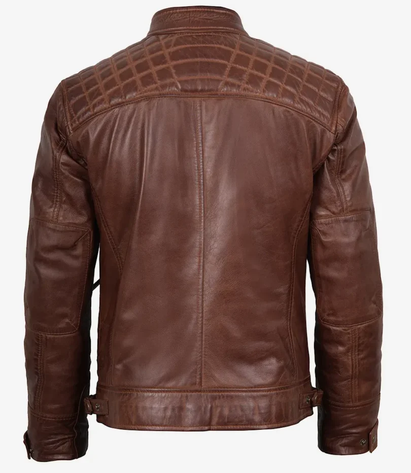 Men's Cognac Biker Style Leather Jacket - Quilted Shoulder
