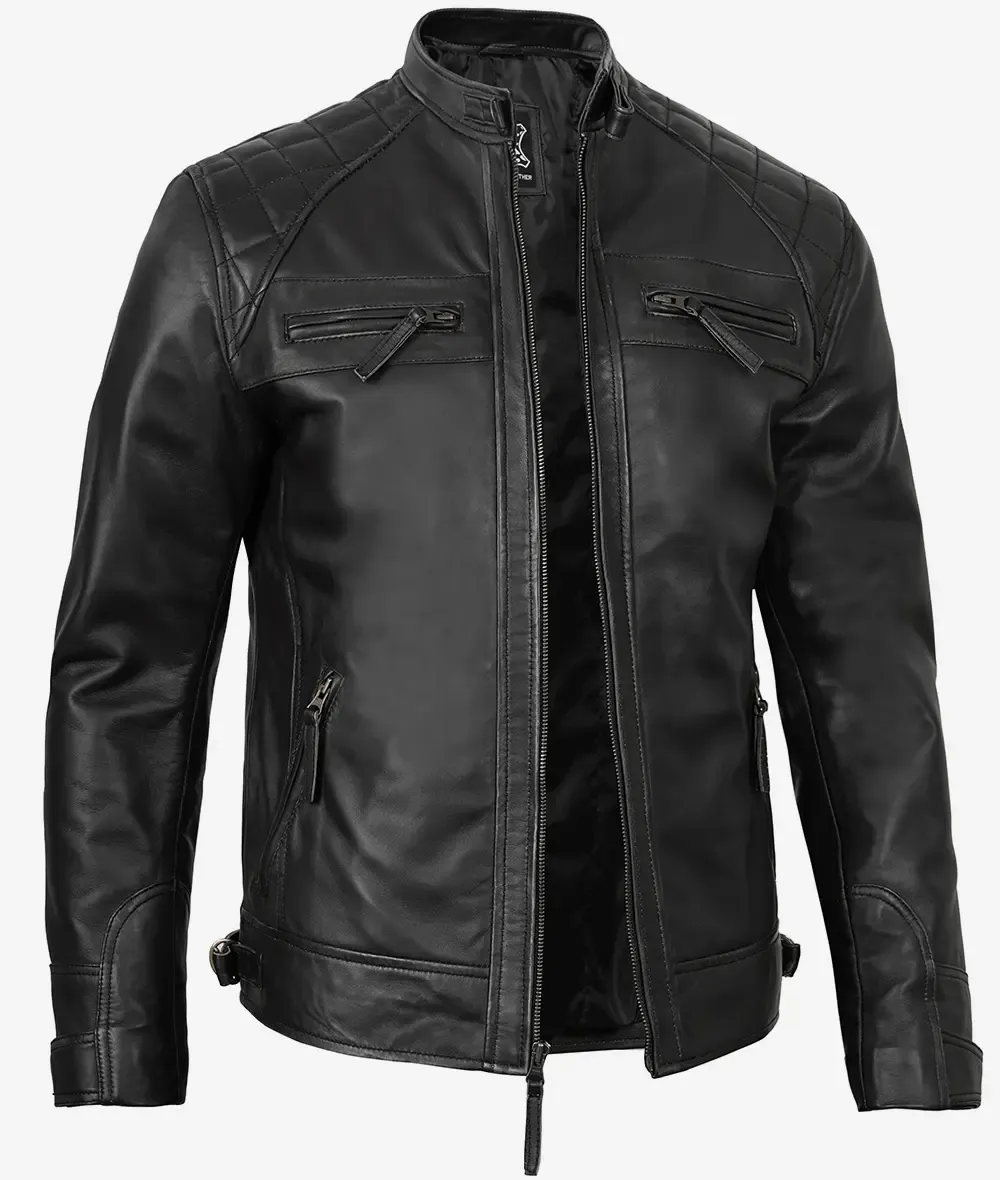 Men's Black Biker Style Leather Jacket - Quilted Shoulder