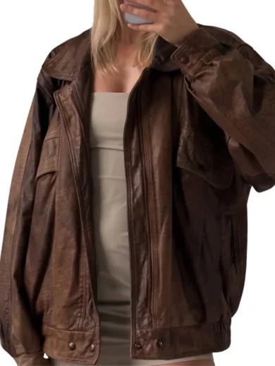 Women’s Oversize Vintage Brown Bomber Handmade Real Leather Jacket, Women’s Brown Oversized Leather Jacket