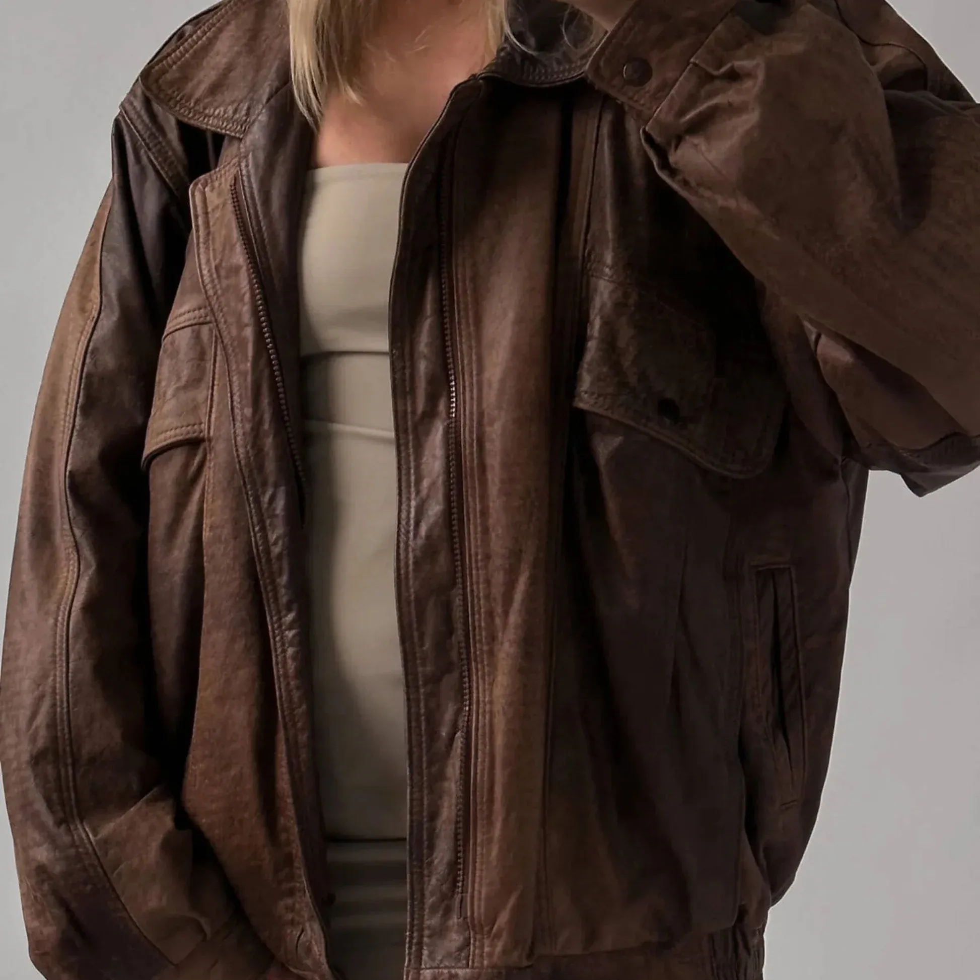 Women’s Oversize Vintage Brown Bomber Handmade Real Leather Jacket, Women’s Brown Oversized Leather Jacket