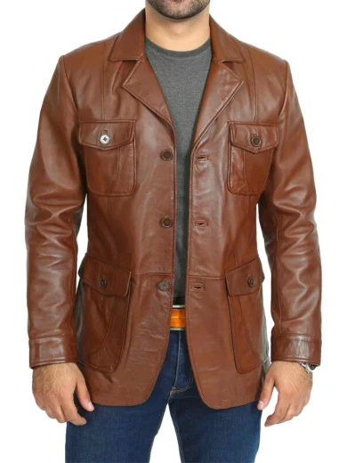 Mens Brown Four Pockets Leather Blazer