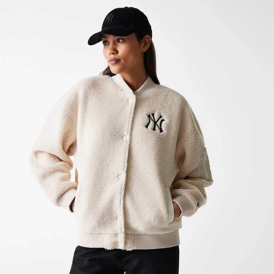 New York Yankees Womens MLB Light Beige Oversized Sherpa Bomber Jacket