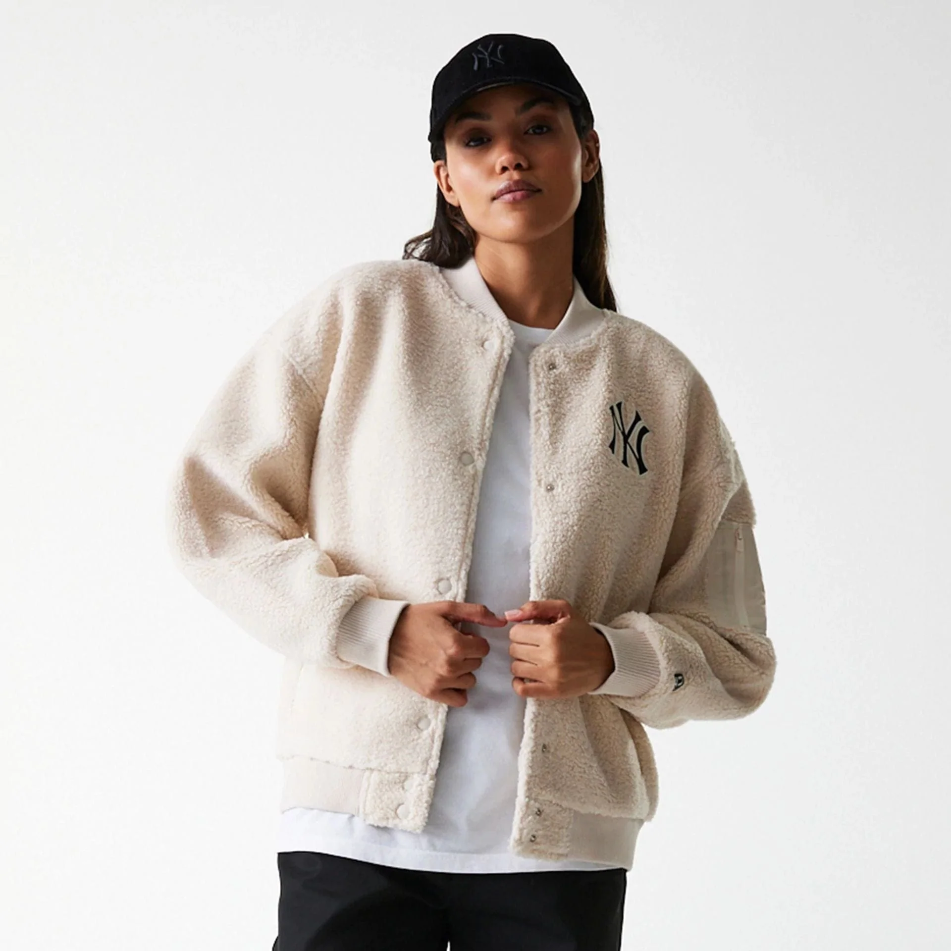 New York Yankees Womens MLB Light Beige Oversized Sherpa Bomber Jacket