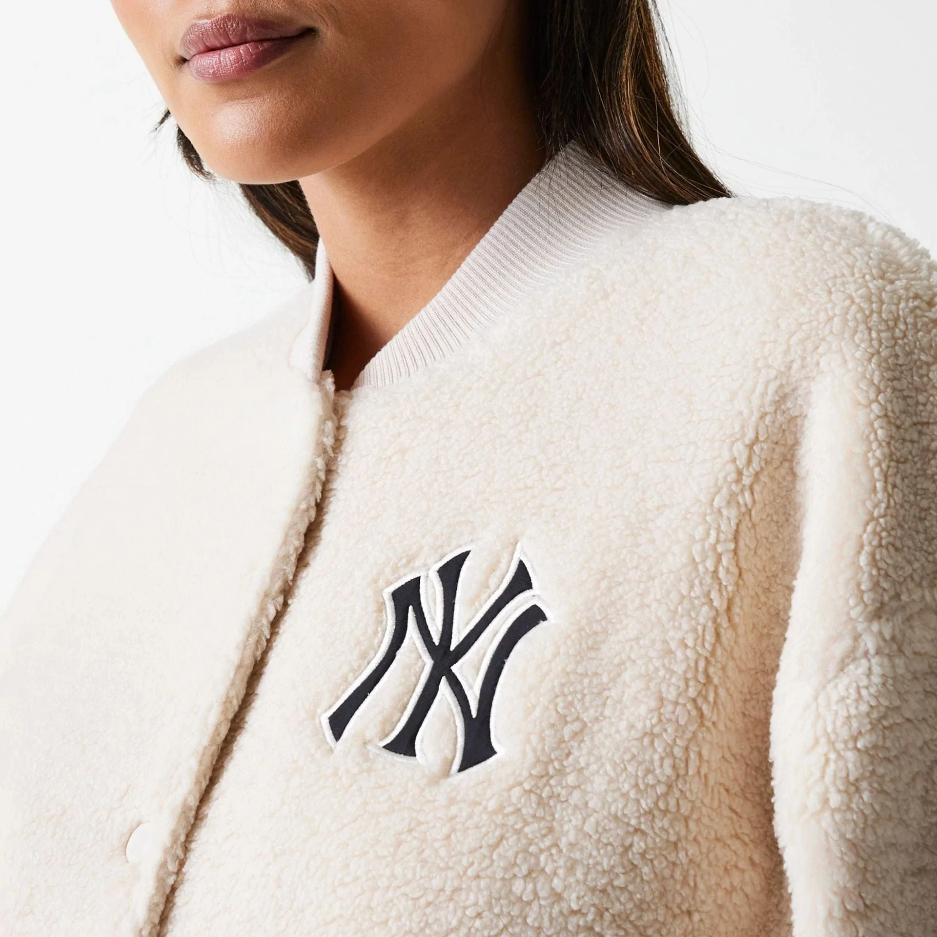 New York Yankees Womens MLB Light Beige Oversized Sherpa Bomber Jacket
