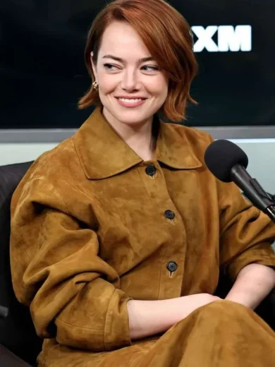 Emma Stone Bugonia Press Tour Brown Suede Jacket
