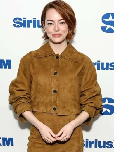 Emma Stone Bugonia Press Tour Brown Suede Jacket