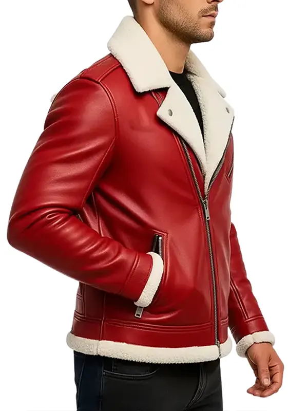 Men Red Shearling Leather Jacket