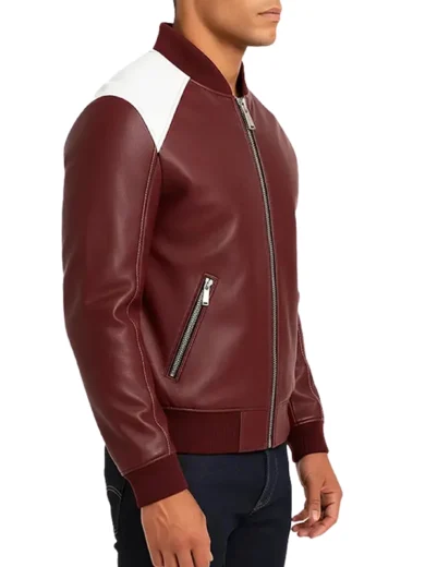 Men’s Maroon and White Leather Bomber Jacket